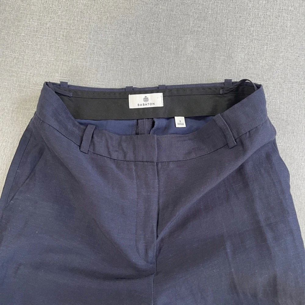 Babaton Agency Linen Cropped High Rise Straight Leg Pant Womens 2 Navy Blue $148